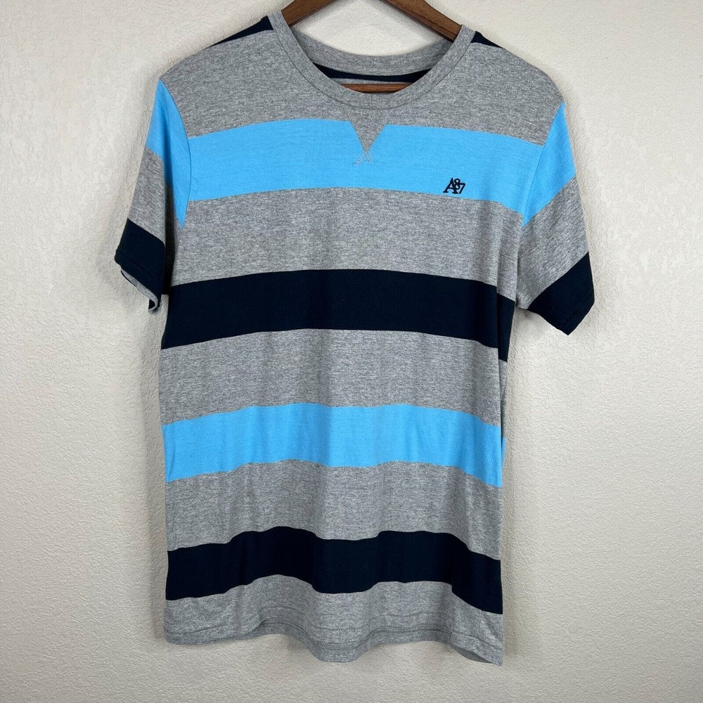 Aeropostale Mens T-Shirt Size Large Gray/Blue‎ Striped Short Sleeve Cotton Blend
